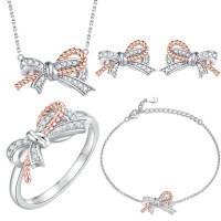 wholesale S925 Sterling Silver Stud Earrings, High-End Ring, Designer Twist Necklace, Bow Bracelet Four-Piece Jewelry Set-Ring>US size 10#