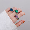 wholesale S925 Sterling Silver Vintage Style Colorful Enamel Good Luck Pendant Oval Letter Ring Trendy Adjustable Open Ring-0-3