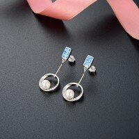 wholesale S925 Sterling Silver Women's Minimalist Style Zircon Round Earrings Korean Version Blue Diamond Pearl Stud Earrings Exquisite Elegant Ear Drops-Earrings with plastic earplugs 925 silver