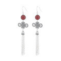 wholesale S925 Sterling Silver Retro Ethnic Style Auspicious Knot Tassel Drop Earrings with Southern Red Agate Studs-0-4