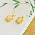 wholesale Gold-plated with silver inlaid bamboo leaf design, square jade earrings for cheongsam and Hanfu, wholesale Hetian jade earrings-0-2