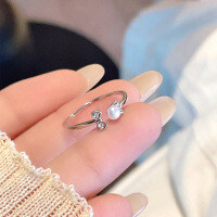 wholesale S925 Sterling Silver Bow Cat Freshwater Pearl Ring for Women, Sweet and Lovely Minimalist Open Adjustable Ring-Sweet Bow Cat Pearl Sterling Silver Ring JZ007700