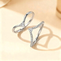 Metal Rhodium-Plated Sterling Silver Moissanite V-Shape Stackable Geometric Ring Set-A pair of white gold triangular moissanite rings  US size 5