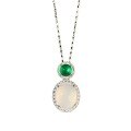 wholesale S925 Sterling Silver Necklace for Women, New Chinese Style Chalcedony Cabochon Pendant, Dual-Tone Natural Agate Green Chalcedony High-Ice Necklace-0-2