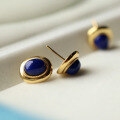 wholesale Metal material first, natural lapis lazuli stud earrings with niche design, versatile and smooth-textured lapis cabochon ear accessories for wholesale-0-2