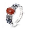 wholesale S925 Sterling Silver Vintage Style Red Agate with Resin Floral Accent Creative and Fresh National Trend Ring-0-5