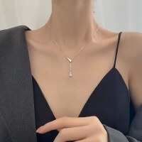 wholesale 925 Silver Geometric Triangle Necklace with Tassel for Women, Ins Advanced Sense, Luxury Small and Exquisite Collarbone Chain-xb337-white gold