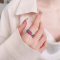 wholesale S925 Silver Antique Matte Ethnic Style Resin Enamel Elegant Lotus Leaf Heart Sutra Ring-0-1