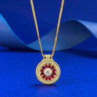 wholesale S925 Silver Red Grapefruit Compass Double-sided Pendant Necklace, Chinese Style Eight Treasures Pendant with Gold Chain, Turning Luck-N505 Red Grapefruit Compass Necklace 925 Silver