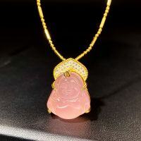 wholesale S925 Sterling Silver Plated Gold, Natural Pink Chalcedony Agate Buddha Pendant Necklace, Collarbone Chain-White Chalcedony-XL199-T (Copper)  Copper (with cross chain)
