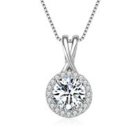 Sterling Silver Fashion Pendant Necklace with Moissanite-Round Necklace [White Gold] 9mm  925 Silver