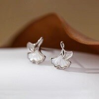 wholesale S925 Sterling Silver Maker's Three-Life Ginkgo Ginkgo Leaf Shell Stud Earrings for Women, High-End Feel Earrings for Valentine's Day or Birthday Gifts-Shell Ginkgo Earrings 925 Silver