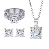 wholesale 925 Sterling Silver High-End Three-Piece Jewelry Set Necklace Ring T-Square Stackable Ring Set Square Zircon Earrings-Earrings TLED110 925 silver