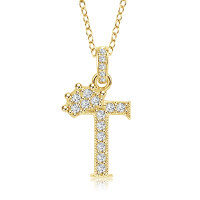 Gold-Plated Copper Crown Zircon Quartz Letter Pendant Necklace-Letter necklace T