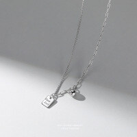 wholesale S925 Sterling Silver Lucky Square Pendant Minimalist Women's Collarbone Necklace With Engraved English Lettering-Platinum 925 silver