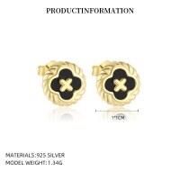 wholesale S925 Sterling Silver Round Vintage Button Earrings With Inlaid White Shell, Luxury Advanced Style, Cross-border Wholesale-YE0207_Black Agate_18K Yellow Plated_Pair_With Small Flower Ear Caps 925 Silver