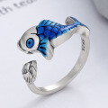 wholesale S925 sterling silver vintage matte finish resin blue koi ethnic style adjustable open ring for women-0-1