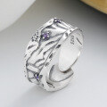 wholesale S925 Sterling Silver Retro Irregular Textured Design with Purple Zircon Inlay Fashionable Statement Ring for Index Finger-0-2