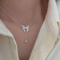 wholesale S925 Sterling Silver Minimalist Bow Tassel Pendant Necklace for Women, Spring and Summer New Collection, Small and Exquisite, Elegant Choker-0-4