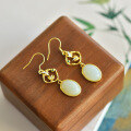 wholesale 925 silver earrings with certificate, new Chinese retro style, inlaid with natural Hetian jade, ear hook earrings-0-2