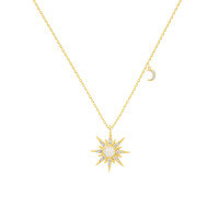 wholesale S925 Sterling Silver Sun And Moon Pendant Necklace With Opal-A2947-Gold 925 Silver