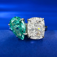 wholesale Metal material first, Mu Jing Jewelry new imported high-carbon diamond 7*11 simulated Paraiba ring women ins style cross-border model-R796 Green and White Ring Size 8