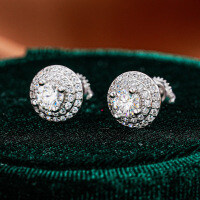 S925 Sterling Silver Moissanite Round Double-Layer Hip Hop Earrings-Set with 30-point moissanite - white gold  925 silver
