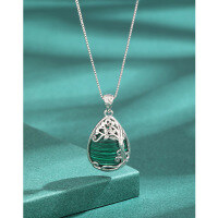 wholesale 925 Sterling Silver Teardrop Malachite Necklace for Women, Euro-American Minimalist Luxury Small Brand High-End Tree of Life Pendant Collarbone Chain-Malachite pendant + 0.8 box chain 40 + 5cm  925 silver