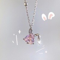 wholesale S925 Sterling Silver Maker Sweet Heart Bunny Ear Pink Zircon Diamond Necklace Fashion Personalized Chain for Women-Sweet Heart Rabbit Necklace 925 Silver