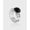 wholesale S925 Sterling Silver Korean Geometric Circular Wide Band Unisex Vintage Black Onyx Ring-0-0