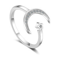 wholesale S925 Sterling Silver Zircon Star and Moon Ring Sweet Little Fresh Light Luxury Gorgeous Adjustable Open Ring-silver