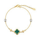 wholesale 925 Sterling Silver Plated 14K Gold Lucky Four-Leaf Clover Bracelet for Women, Fashionable Synthetic Malachite-0-0