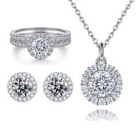 wholesale S925 Sterling Silver Zircon Diamond Ring Set, Ear Studs, and Necklace Women's High-end Sense Jewelry Suite-Earrings TLED062 925 silver