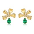 wholesale S925 Sterling Silver Gold-Plated, Italian Crafted Cultivated Emerald Stud Earrings with Luxe Bow Twist Brushed Finish-0-4