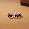 wholesale 925 silver vintage flower ring for women, Korean style five-flower antique silver weathered luxurious blossom adjustable ring-0-0