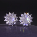 wholesale 925 Sterling Silver with Natural Creamy Blue Moonstone Sunflower Stud Earrings Gemstone Jewelry-0-1