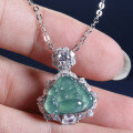 S925 Silver Gold-Plated Diamond Accent Natural Aqua Jadeite Buddha Pendant Necklace-0-1