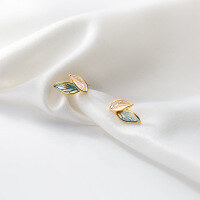 wholesale S925 silver Japanese version earrings women small fresh plant blue leaf two-tone sweet ear accessories G9940-S925 silver pair gold 925 silver