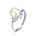wholesale S925 Sterling Silver Korean and Japanese Style Minimalist Design Leaf-Shaped Crystal Zircon and Freshwater Pearl Ring for Women-0-4