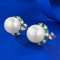wholesale 925 silver metal material, Mu Jing Jewelry emerald set with 12mm pearl ear studs, European and American women's earrings and ear clips-0-2