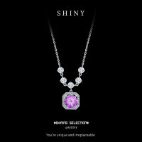 925 Sterling Silver Purple Moissanite Square Pendant Necklace-S925 sterling silver + 2-carat purple moissanite