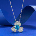 wholesale S925 Sterling Silver Luxury Full Diamond Lavish Inlaid 7*7 Radiant Cut Blue Sapphire Pendant Necklace for Women-0-0