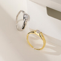 wholesale S925 Sterling Silver Textured Design European and American Style Gold-Plated Zircon Ring for Women, Personality Ins Style Adjustable Open Ring-White gold ring Adjustable opening