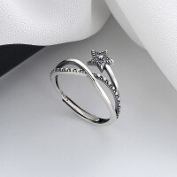 wholesale S925 Sterling Silver Vintage Double-Layer Crossed Pentagram Ring Simple Sweet Lady Cross-Border Best-Selling Style Band-388FJ/approx. 2.2g Adjustable opening