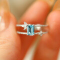 wholesale S925 Sterling Silver Aquamarine Ring for Women, Light Luxury Blue Square Finger Ring with Minimalist Design-0-0