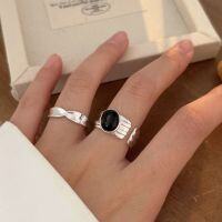 wholesale S925 Sterling Silver Black Onyx Ring for Women, Small and Fashion-Forward, Minimalist Interlocking Geometric Adjustable Open Band-Sterling Silver-Cross