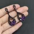 wholesale S925 Sterling Silver Halloween Opal Earrings with Black Gun Color, Set with Natural Garnet, Dark Gothic Style-0-0