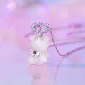 wholesale S925 Sterling Silver Sweetheart Bear Pendant Necklace for Women, Chalcedony Stone, Minimalist and Elegant Design, Collarbone Chain for Bulk Purchase-0-2