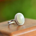 wholesale 925 Sterling Silver with Hetian Jade Oval Adjustable Open Ring for Women, with Certificate-0-5