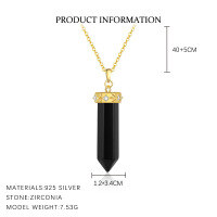 wholesale Metal Hexagonal Prism Moon Pendant Necklace For Women, Amazon Bestseller, Original Crystal Stone Wholesale-YA0469_Obsidian Crystal Column/White Zirconium_18K Yellow Plated 925 Silver